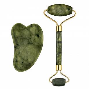 Zestaw do masażu twarzy kamień Gua Sha + roller z jadeitu